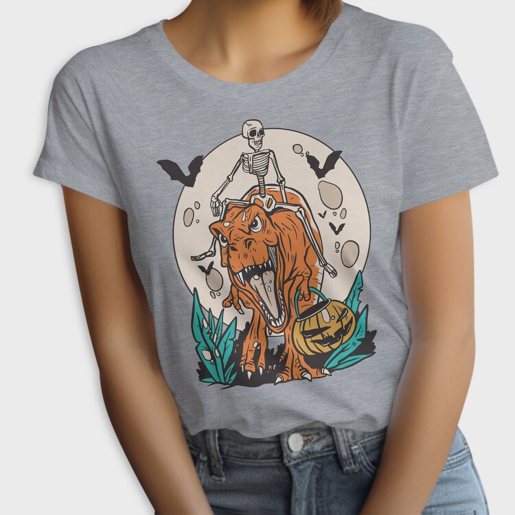 Skeleton Riding T Rex With Pumpkin, Tricou Femei