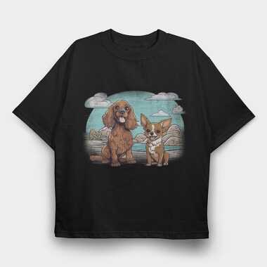 Chihuahua And Cocker Dogs Beach, Tricou Oversize Barbati (Unisex)