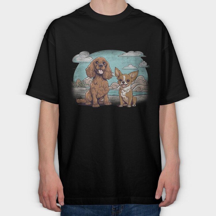 Chihuahua And Cocker Dogs Beach, Tricou Oversize Barbati (Unisex)