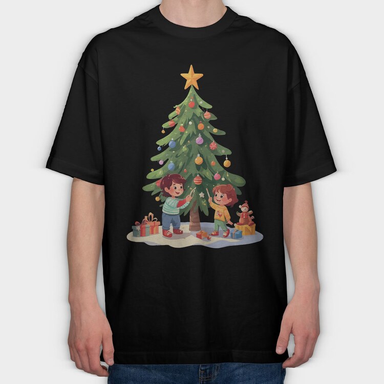 Children Decorating Tree Kids Christmas, Tricou Oversize Barbati (Unisex)