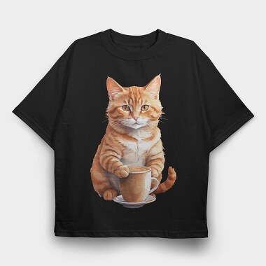 Watercolor Cat And Coffee, Tricou Oversize Barbati (Unisex)