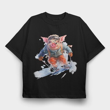 Watercolor Skiing Pig Ski Piggy, Tricou Oversize Barbati (Unisex)