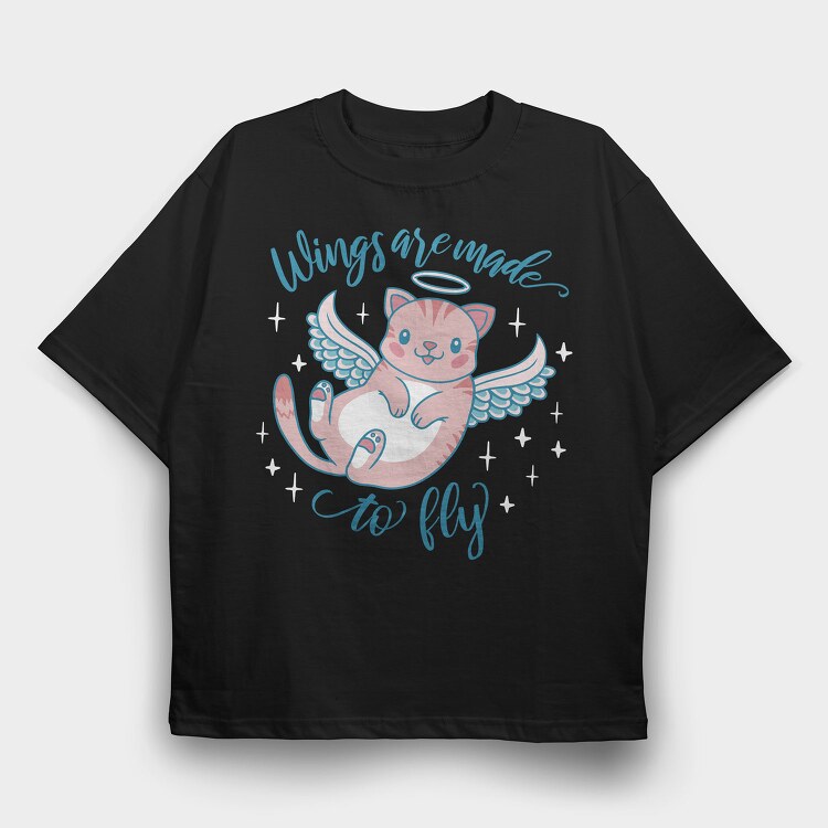 Cute Cat Angel Wings Are Made To Fly Mug, Tricou Oversize Barbati (Unisex)