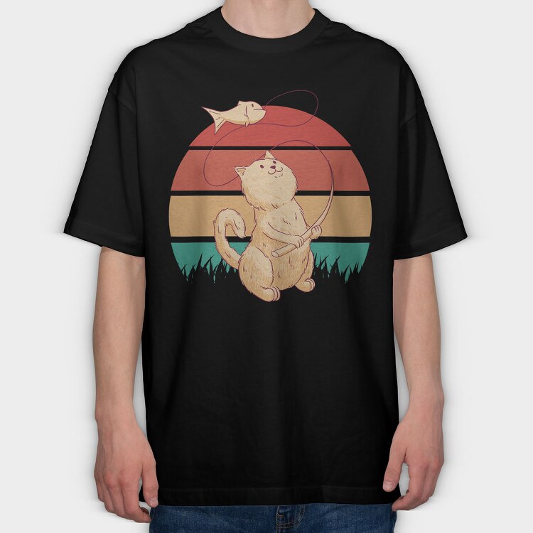 Cute Cat Fishing Retro Sunset, Tricou Oversize Barbati (Unisex)