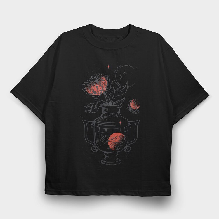 Tattoo Floral Vase Chrysanthemum Moon Red Black, Tricou Oversize Barbati (Unisex)