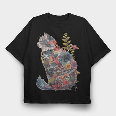 Floral Cat Silhouette Flower, Tricou Oversize Barbati (Unisex)