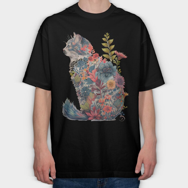 Floral Cat Silhouette Flower, Tricou Oversize Barbati (Unisex)