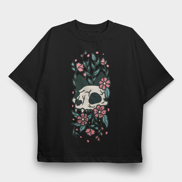 Floral Cat Skull Flowers, Tricou Oversize Barbati (Unisex)
