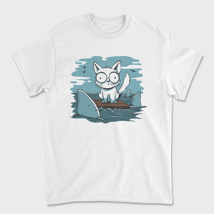 Cat Anxious Sharks Cartoon, Tricou Barbati (Unisex)