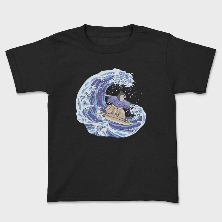 Tricou Copii, Cat Surfing Japanese Wave