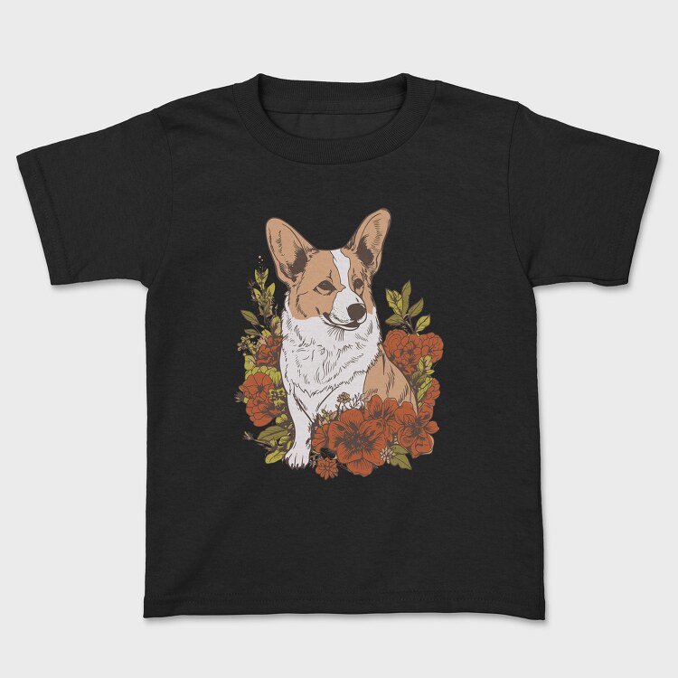 Tricou Copii, Corgi Dog Red Flowers