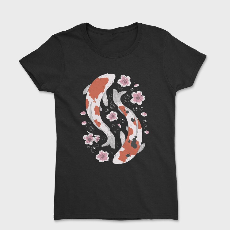 Tricou Femei, Koi Fish With Cherry Blossom