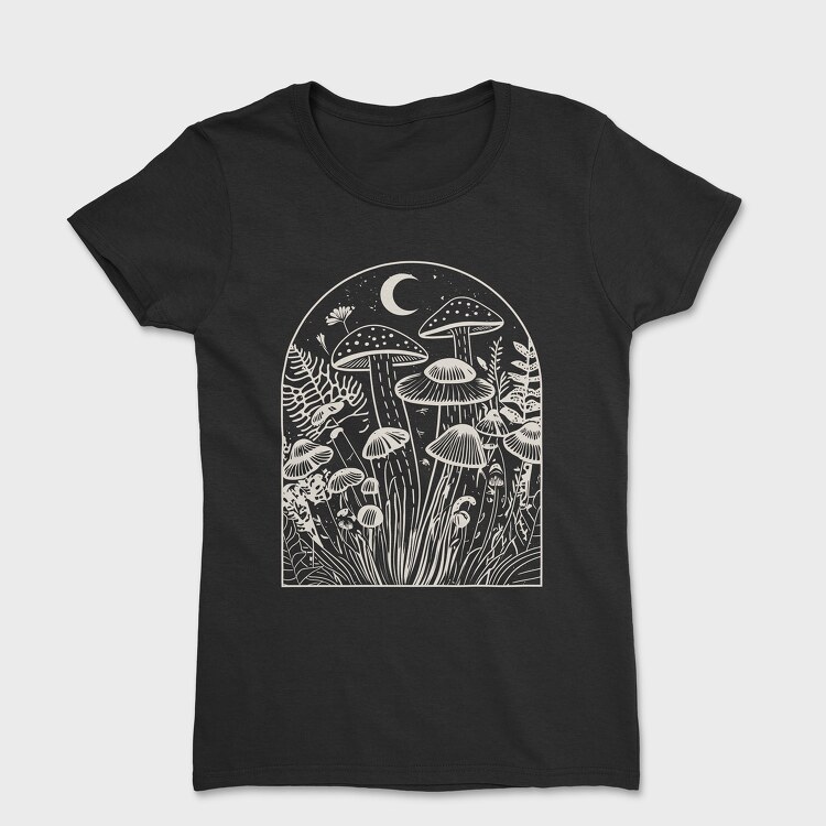 Tricou Femei, Mushrooms Moon Monochrome