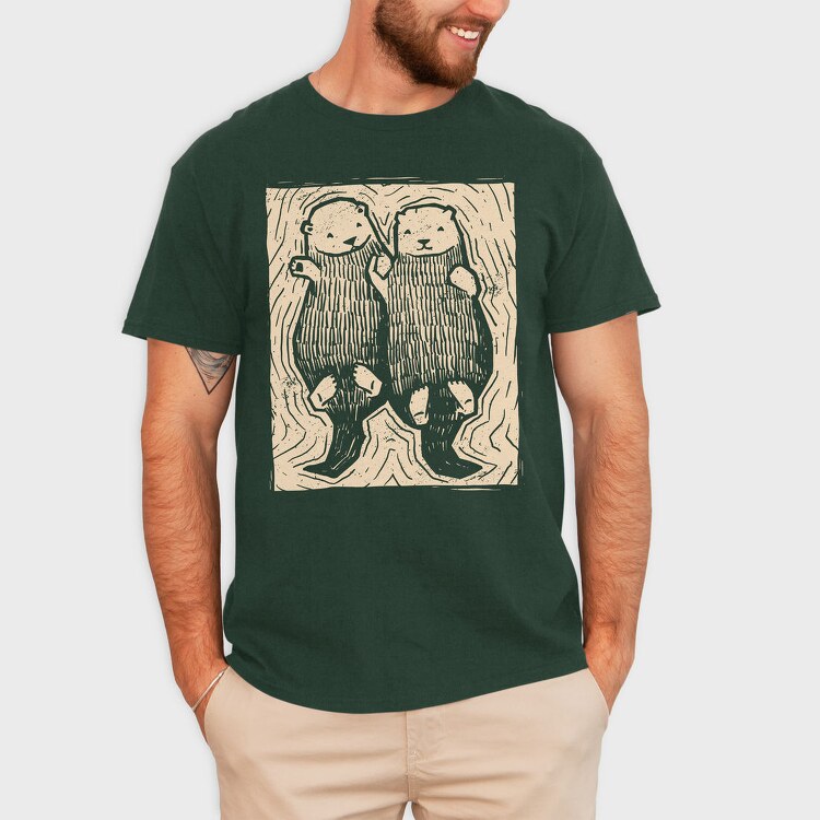 Cute Hand Drawn Otters Lino Art, Tricou Barbati (Unisex)