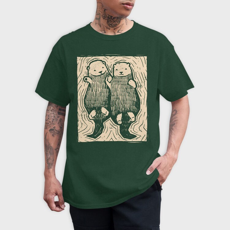 Cute Hand Drawn Otters Lino Art, Tricou Barbati (Unisex)
