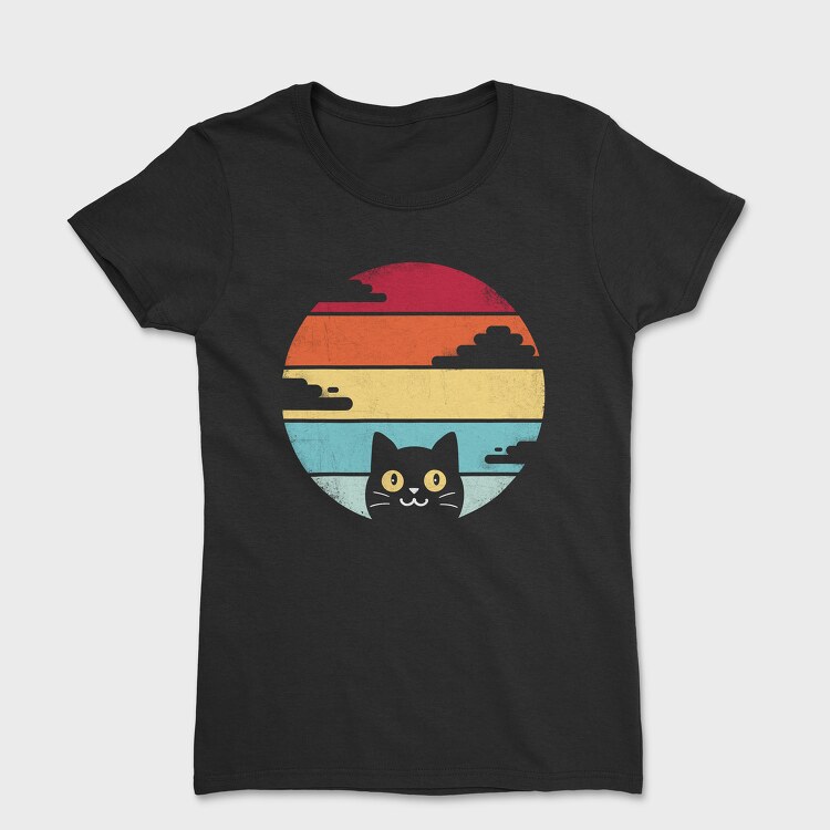 Tricou Femei, Retro Sunset Cat Funny