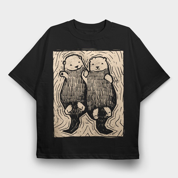 Cute Hand Drawn Otters Lino Art, Tricou Oversize Barbati (Unisex)