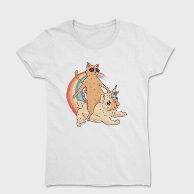 Tricou Femei, Cat Riding Dog Unicorn