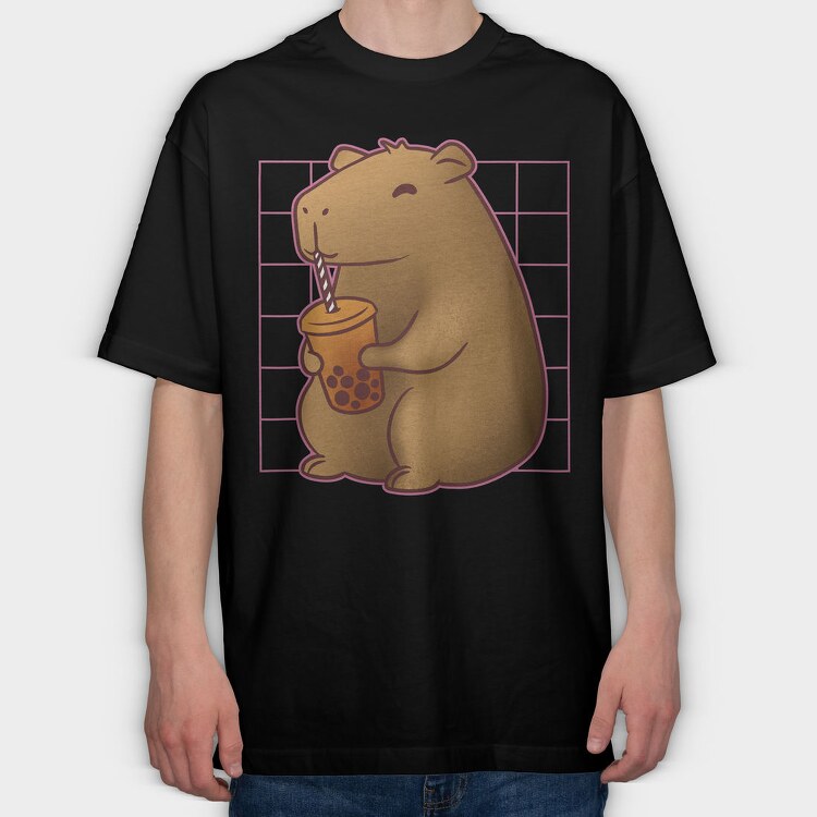 Capybara Drinking A Cup Of Tea Boba Tote, Tricou Oversize Barbati (Unisex)