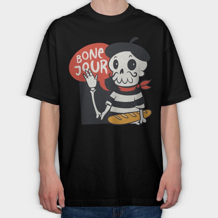 Cartoon French Skull Bone Jour, Tricou Oversize Barbati (Unisex)