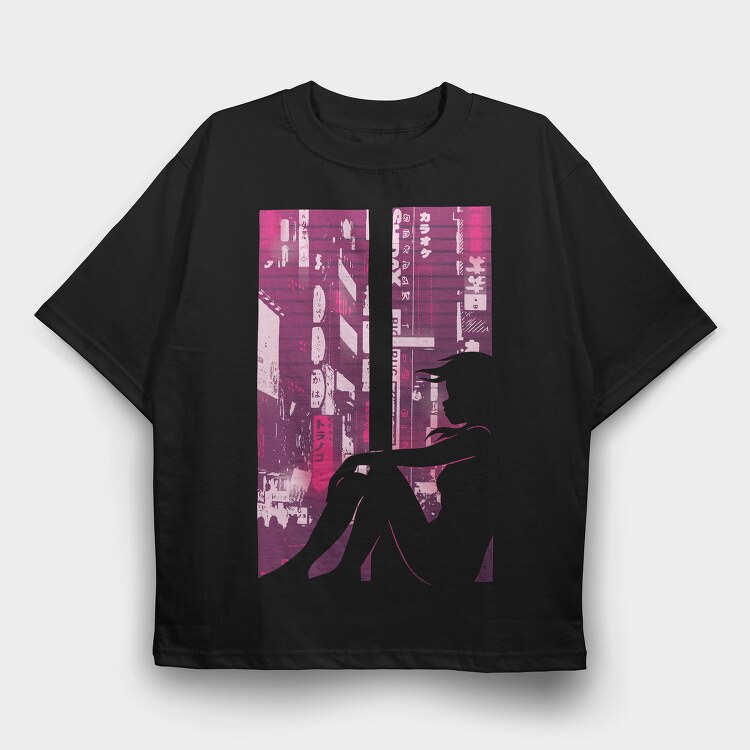 Cyberpunk Girl Silhouette Vaporwave Window, Tricou Oversize Barbati (Unisex)