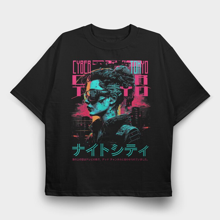 Cyberpunk Tokyo Girl, Tricou Oversize Barbati (Unisex)