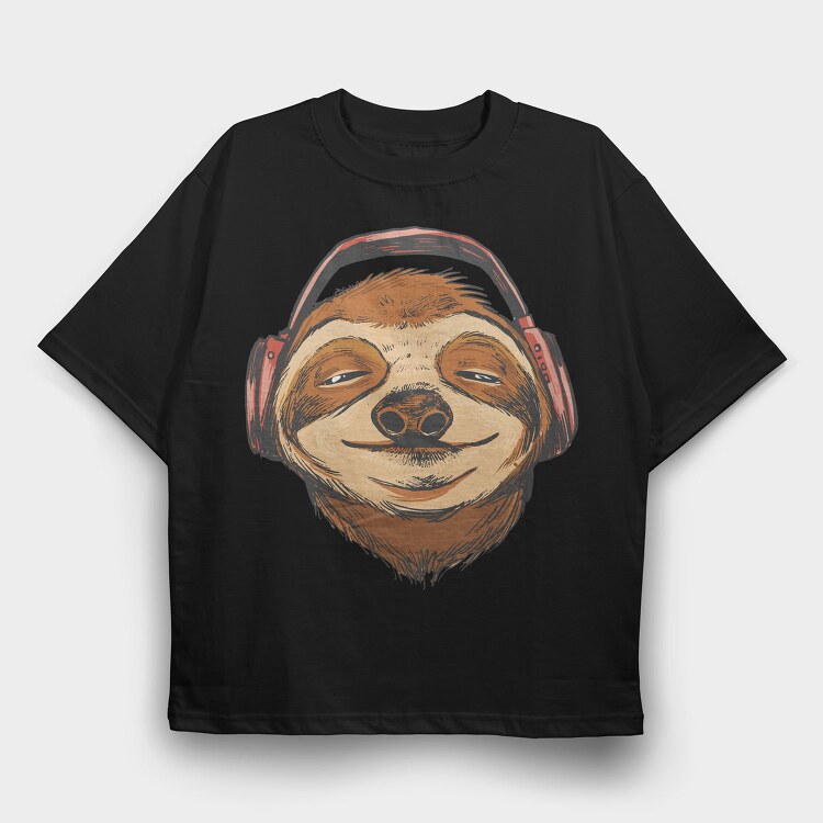 Sloth Animal With Earphones Headphones, Tricou Oversize Barbati (Unisex)