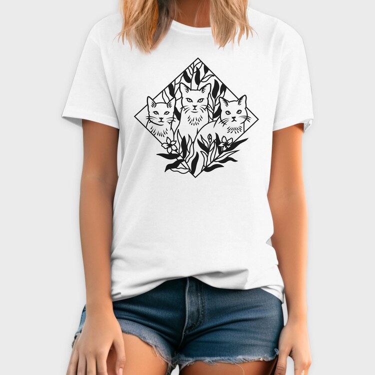Elegant Cat Trio Illustration With Botanical Elements, Tricou Barbati (Unisex)