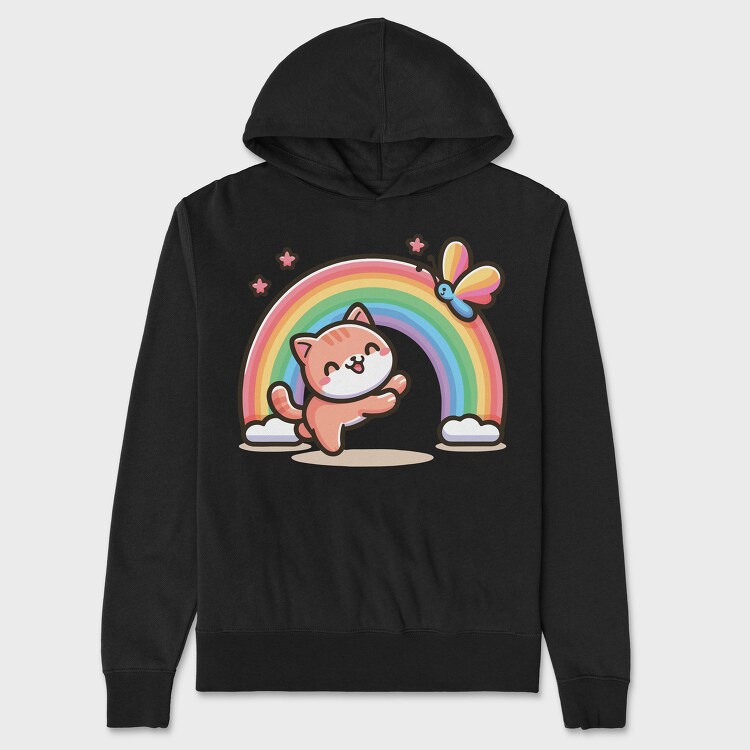 Cat Rainbow Cartoon, Hanorac Oversize Barbati (Unisex)