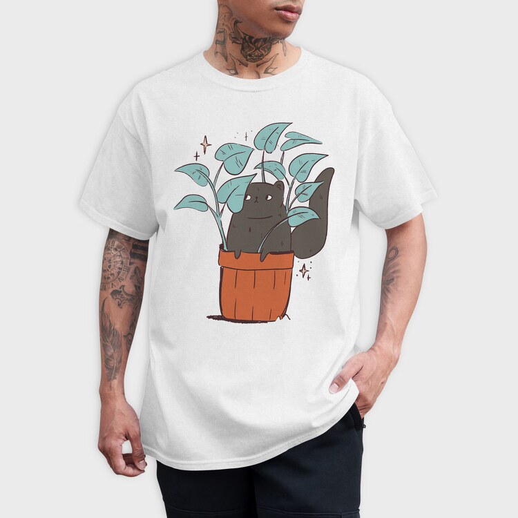 Black Cat In A Pot Of Houseplants, Tricou Barbati (Unisex)