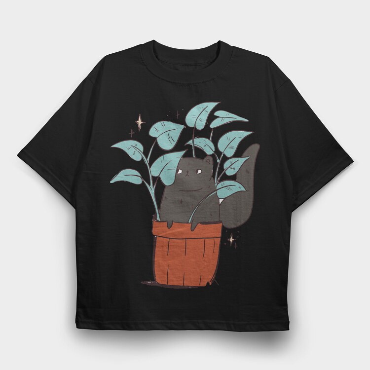 Black Cat In A Pot Of Houseplants, Tricou Oversize Barbati (Unisex)