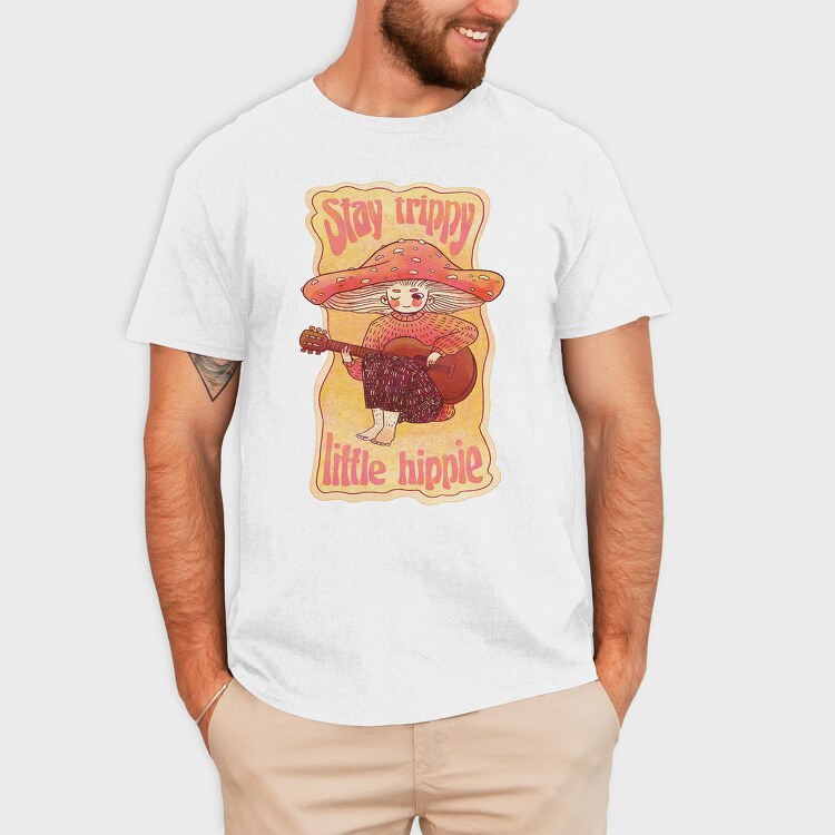 Hippie Mushroom Playing Guitar Stay Trippy, Tricou Barbati (Unisex)