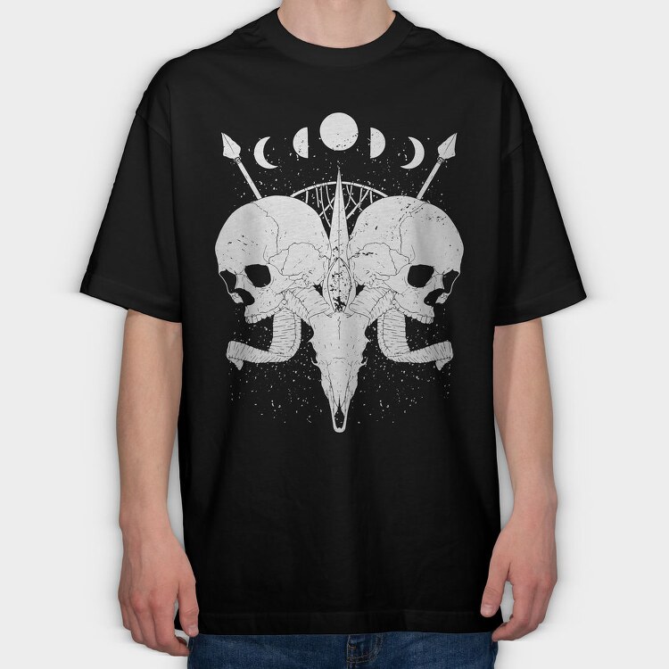 Esoteric Skulls Ram Human Moon Phases, Tricou Oversize Barbati (Unisex)