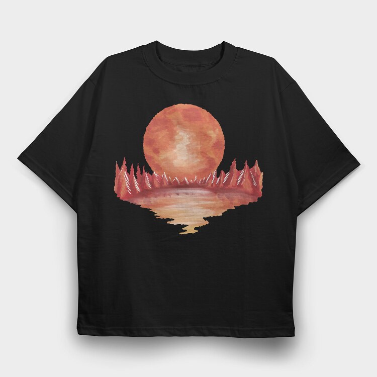 Red Landscape Full Moon Lake, Tricou Oversize Barbati (Unisex)