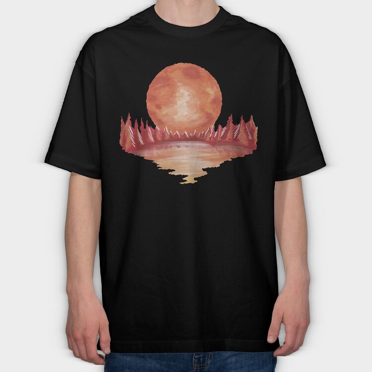 Red Landscape Full Moon Lake, Tricou Oversize Barbati (Unisex)