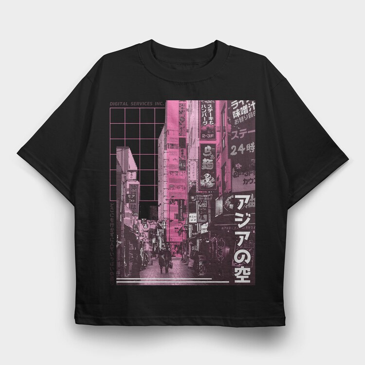 Japanese City Photographic Asian Street, Tricou Oversize Barbati (Unisex)