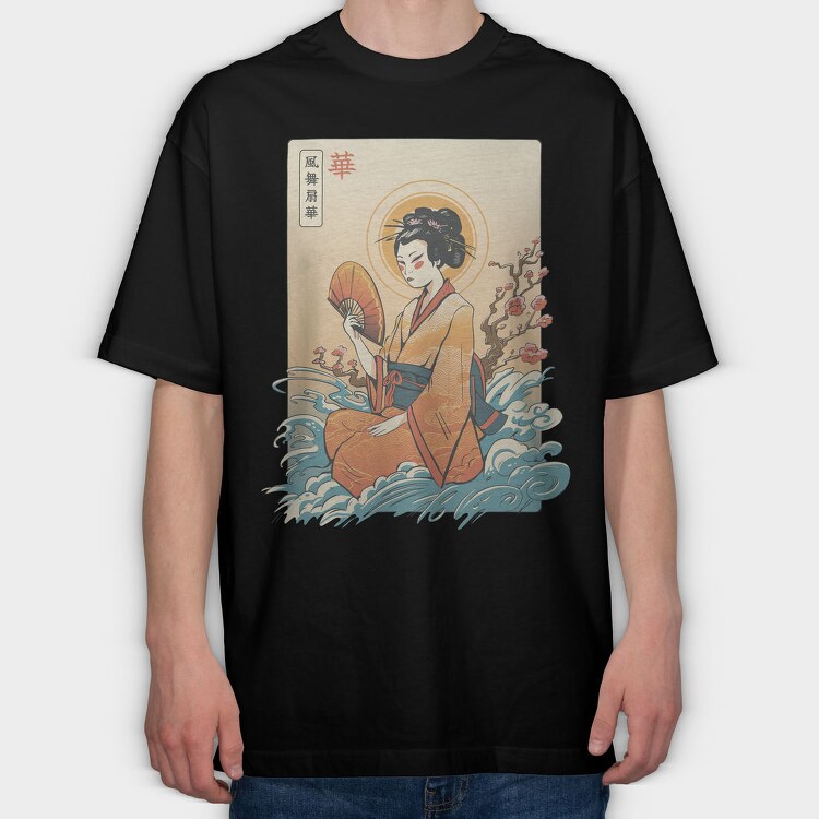 Geisha Waves Japanese Traditional, Tricou Oversize Barbati (Unisex)