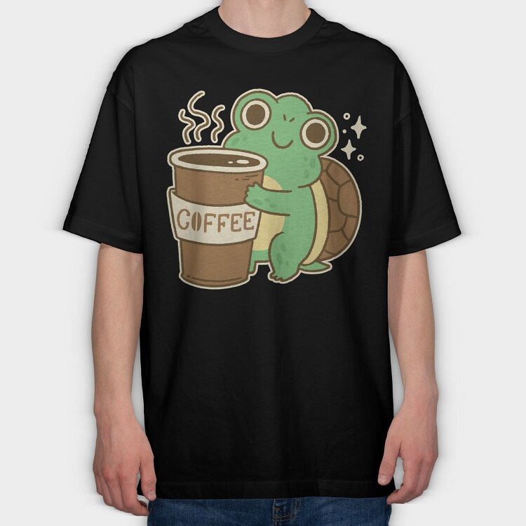 Turtle Drinking Cofffee, Tricou Oversize Barbati (Unisex)