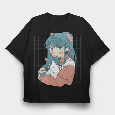 Anime Girl With Cat, Tricou Oversize Barbati (Unisex)