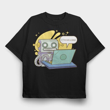 Robot Working On Computer, Tricou Oversize Barbati (Unisex)