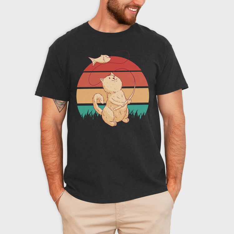 Cat Fishing Retro Sunset, Tricou Barbati (Unisex)
