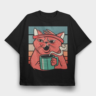 Cat Drinking Coffee (2), Tricou Oversize Barbati (Unisex)