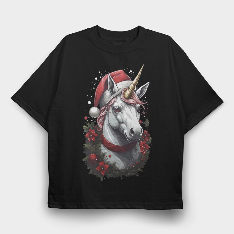 Unicorn With Christmas Hat, Tricou Oversize Barbati (Unisex)