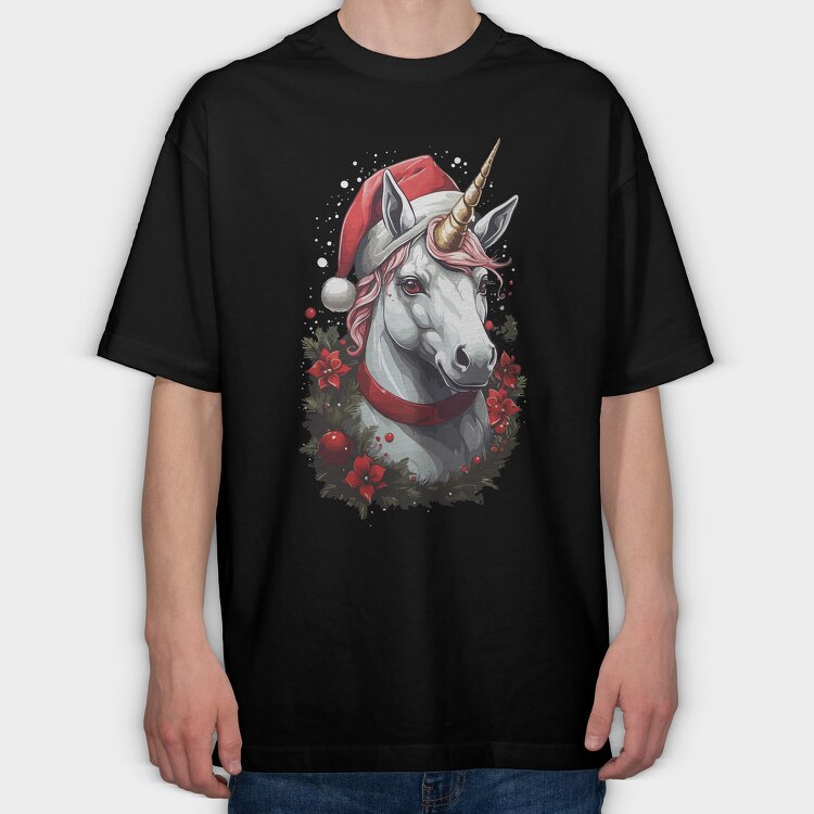 Unicorn With Christmas Hat, Tricou Oversize Barbati (Unisex)