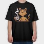 Cat Drinking Coffee, Tricou Oversize Barbati (Unisex)
