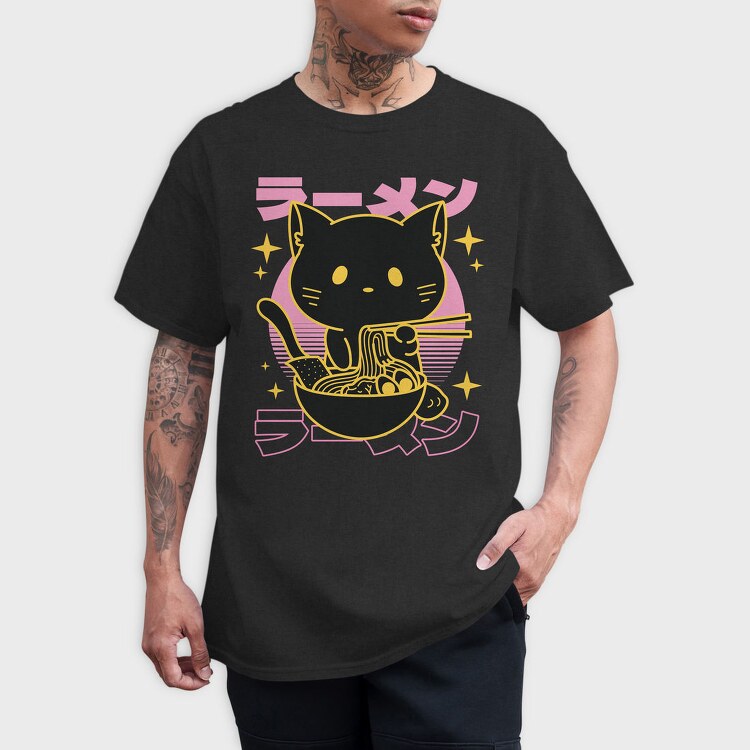 Cat Eating Ramen Food Retro, Tricou Barbati (Unisex)