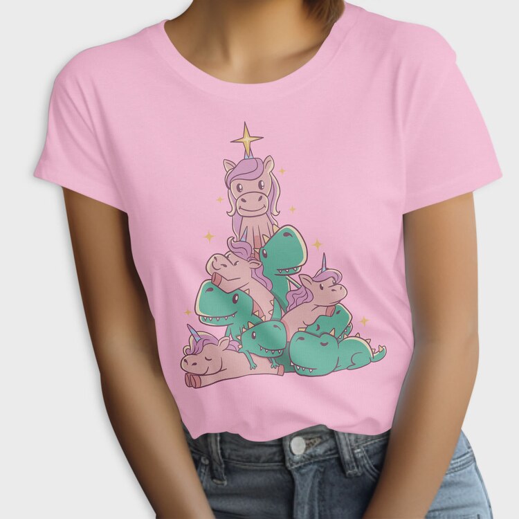 Unicorns And T Rex Christmas Tree, Tricou Femei