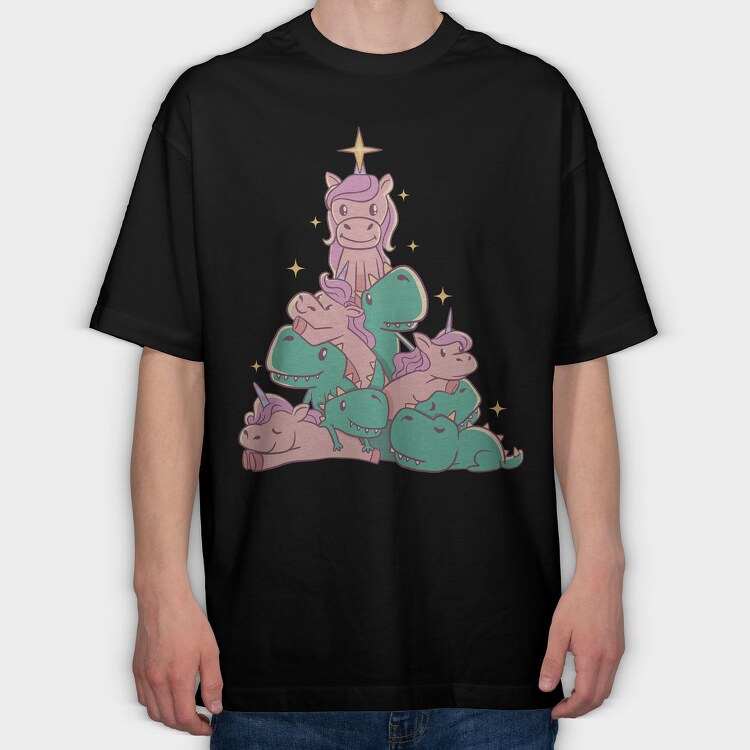 Unicorns And T Rex Christmas Tree, Tricou Oversize Barbati (Unisex)