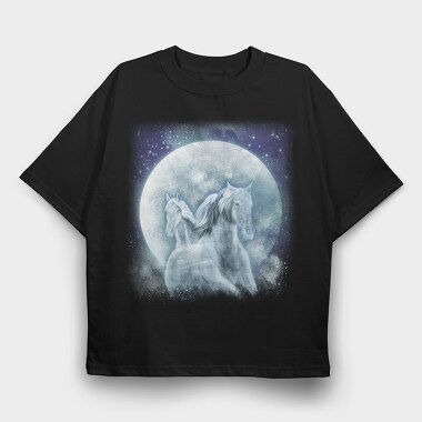 Mystic Horses Full Moon, Tricou Oversize Barbati (Unisex)
