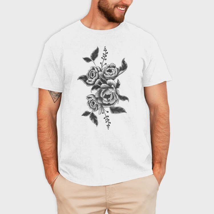 Peony Flower And Leaves Tattoo, Tricou Barbati (Unisex)